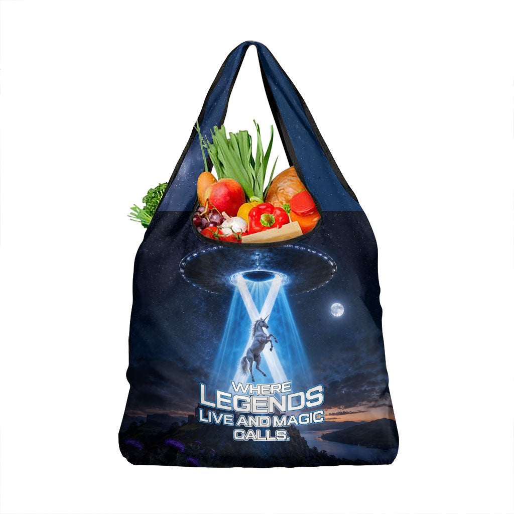 Scotland Kelpies And Unicorn UFO Grocery Bag Sci-Fi Alien Abduction And Magic Legends