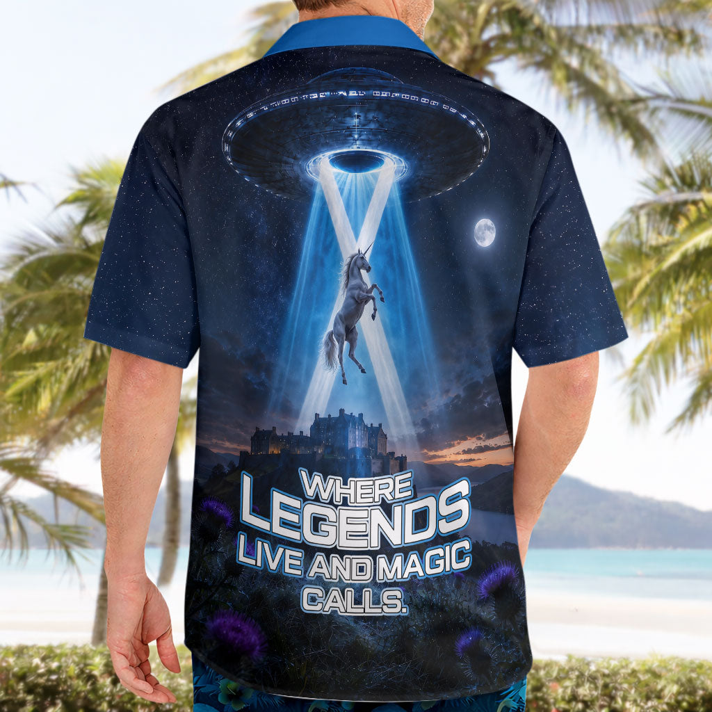 Scotland Kelpies And Unicorn UFO Hawaiian Shirt Sci-Fi Alien Abduction And Magic Legends