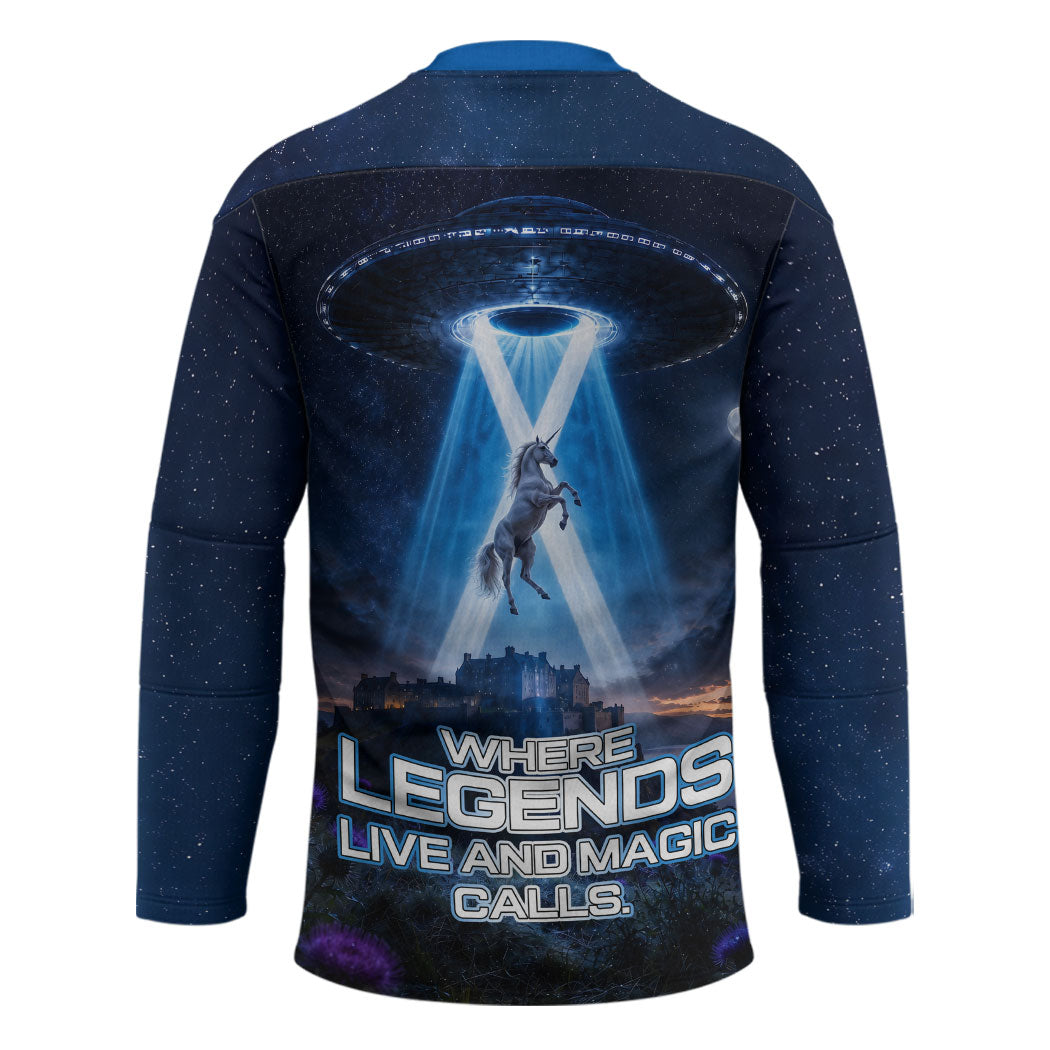 Scotland Kelpies And Unicorn UFO Hockey Jersey Sci-Fi Alien Abduction And Magic Legends