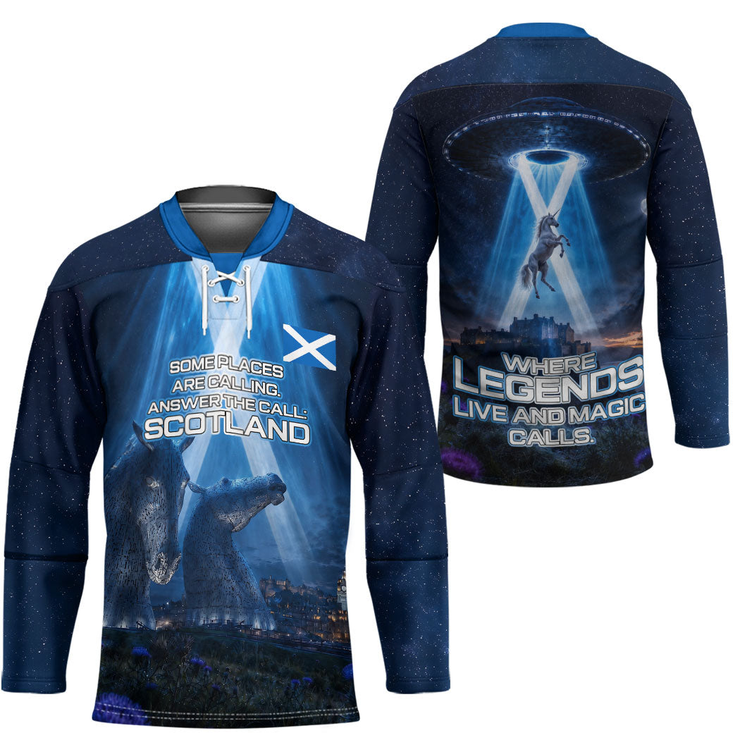 Scotland Kelpies And Unicorn UFO Hockey Jersey Sci-Fi Alien Abduction And Magic Legends