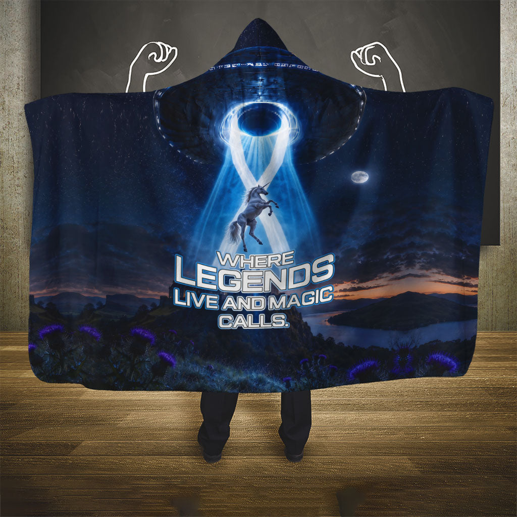 Scotland Kelpies And Unicorn UFO Hooded Blanket Sci-Fi Alien Abduction And Magic Legends