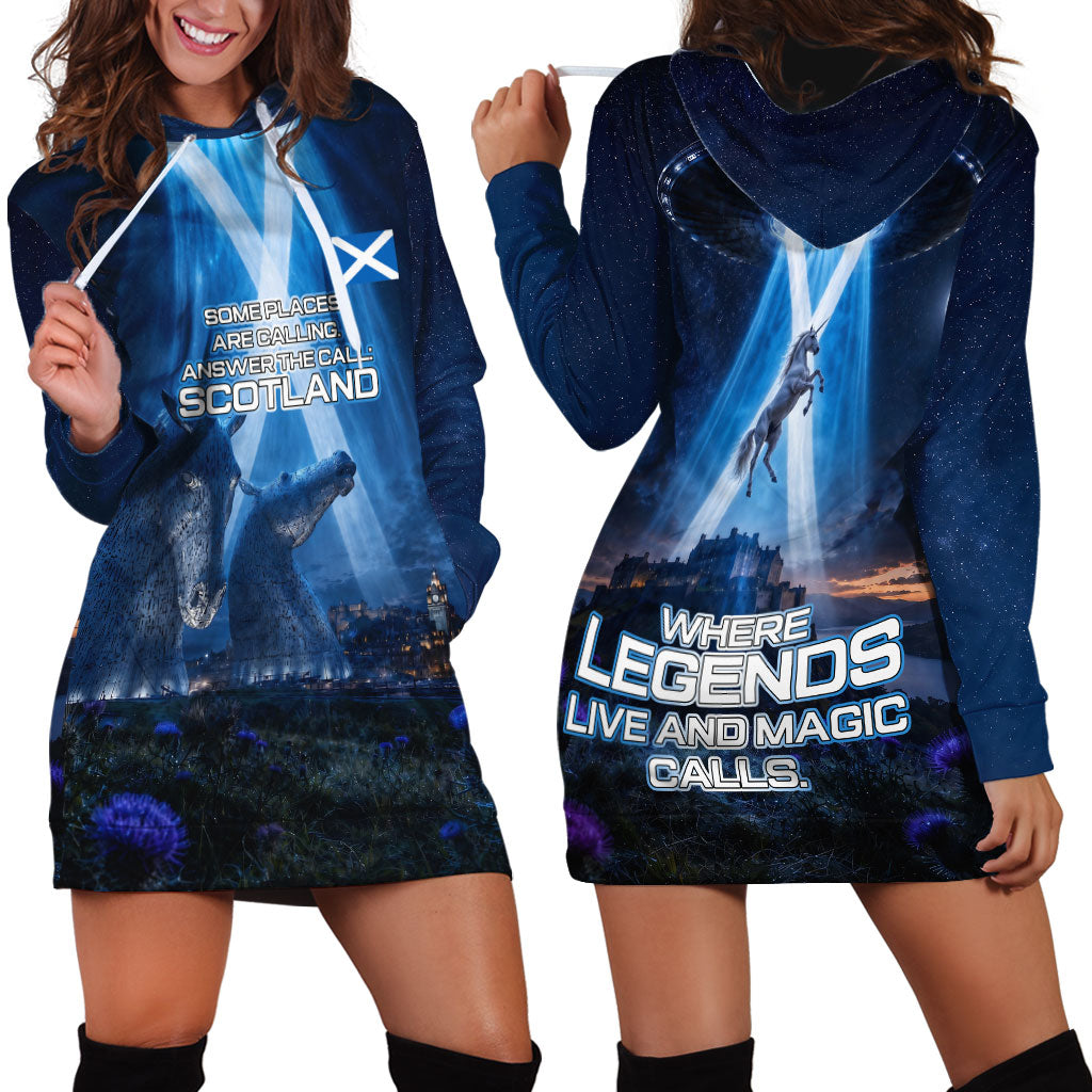 Scotland Kelpies And Unicorn UFO Hoodie Dress Sci-Fi Alien Abduction And Magic Legends