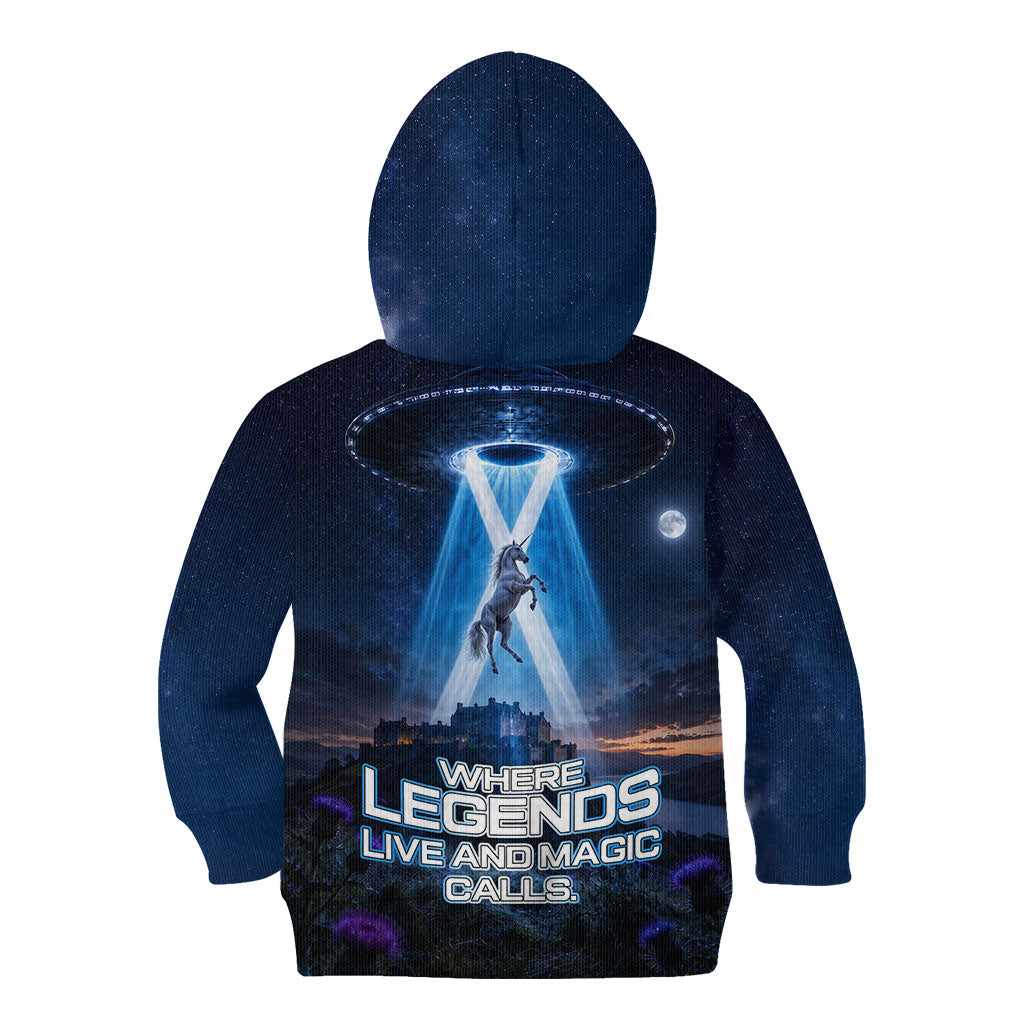 Scotland Kelpies And Unicorn UFO Kid Hoodie Sci-Fi Alien Abduction And Magic Legends