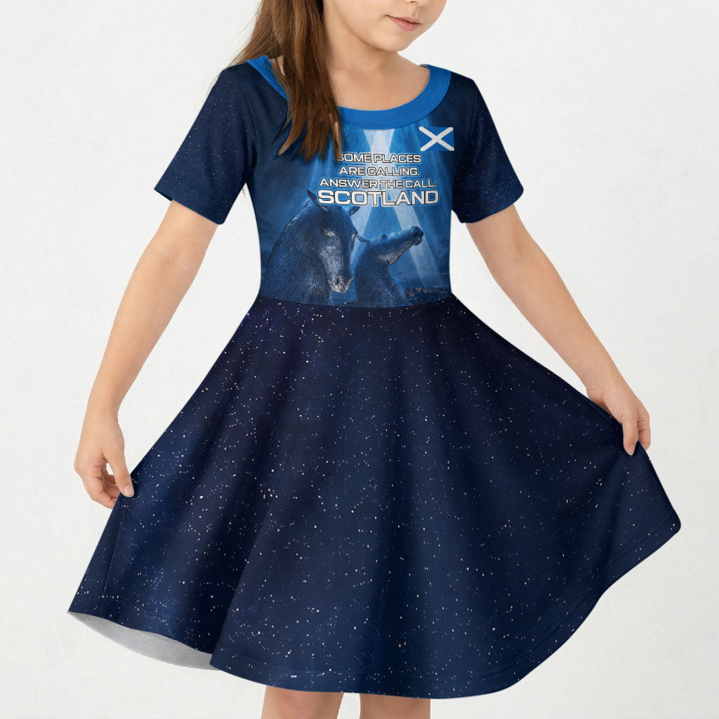 Scotland Kelpies And Unicorn UFO Kid Short Sleeve Dress Sci-Fi Alien Abduction And Magic Legends