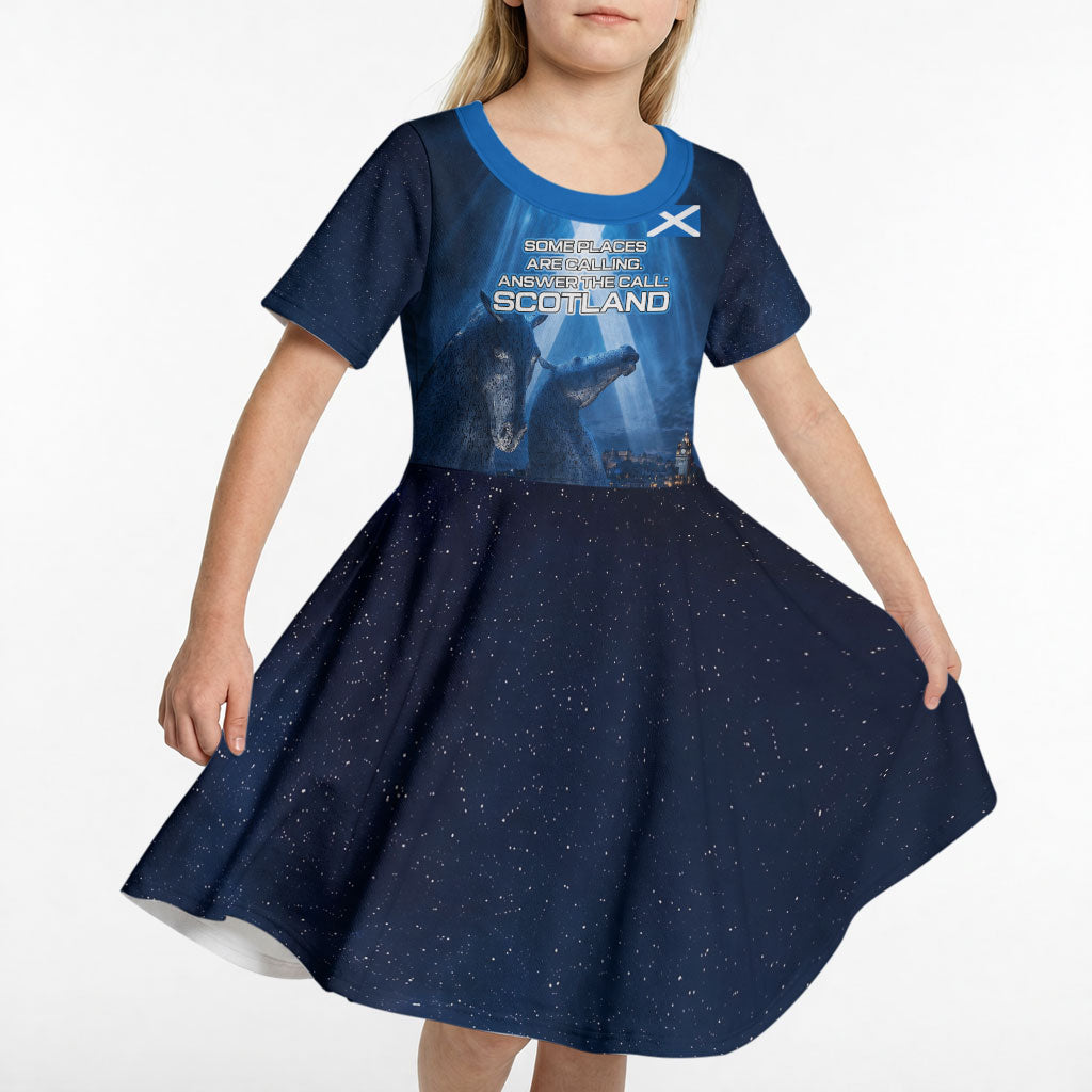 Scotland Kelpies And Unicorn UFO Kid Short Sleeve Dress Sci-Fi Alien Abduction And Magic Legends