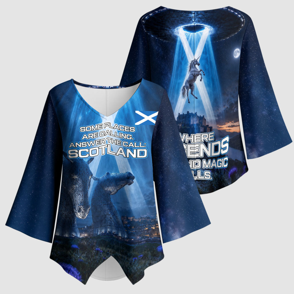 Scotland Kelpies And Unicorn UFO Kimono Sleeve Blouse Sci-Fi Alien Abduction And Magic Legends