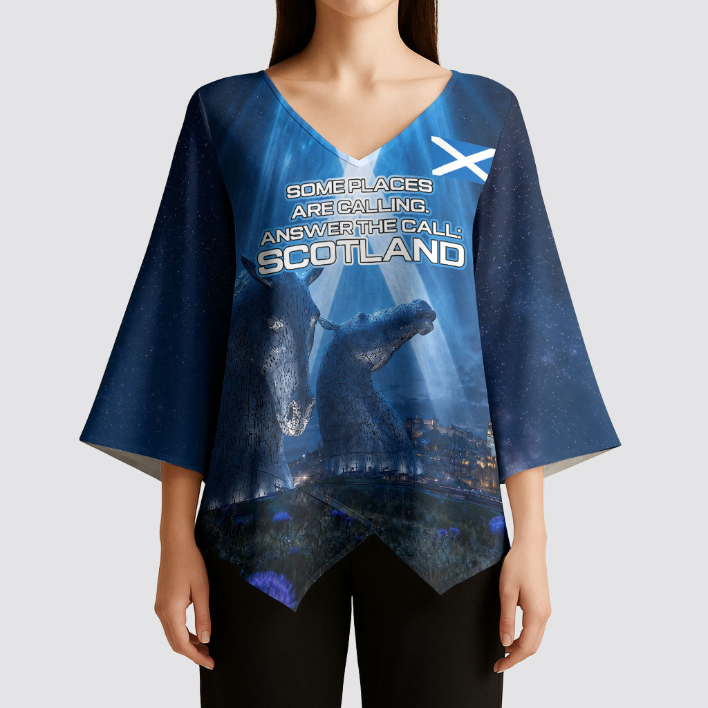 Scotland Kelpies And Unicorn UFO Kimono Sleeve Blouse Sci-Fi Alien Abduction And Magic Legends
