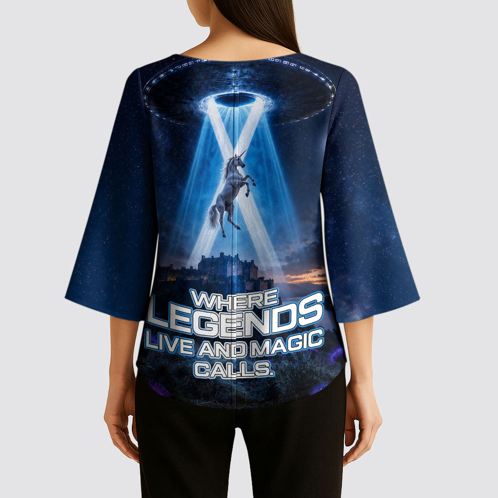 Scotland Kelpies And Unicorn UFO Kimono Sleeve Blouse Sci-Fi Alien Abduction And Magic Legends