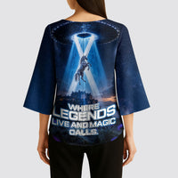 Scotland Kelpies And Unicorn UFO Kimono Sleeve Blouse Sci-Fi Alien Abduction And Magic Legends