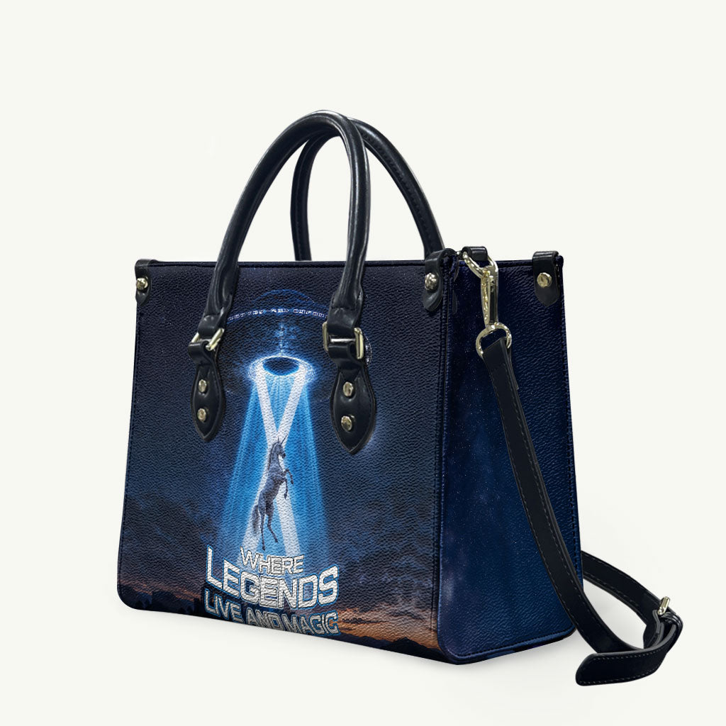 Scotland Kelpies And Unicorn UFO Leather Bag Sci-Fi Alien Abduction And Magic Legends