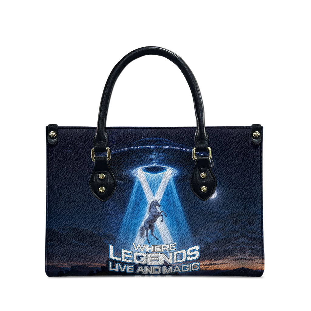 Scotland Kelpies And Unicorn UFO Leather Bag Sci-Fi Alien Abduction And Magic Legends