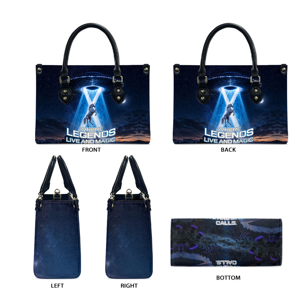 Scotland Kelpies And Unicorn UFO Leather Bag Sci-Fi Alien Abduction And Magic Legends