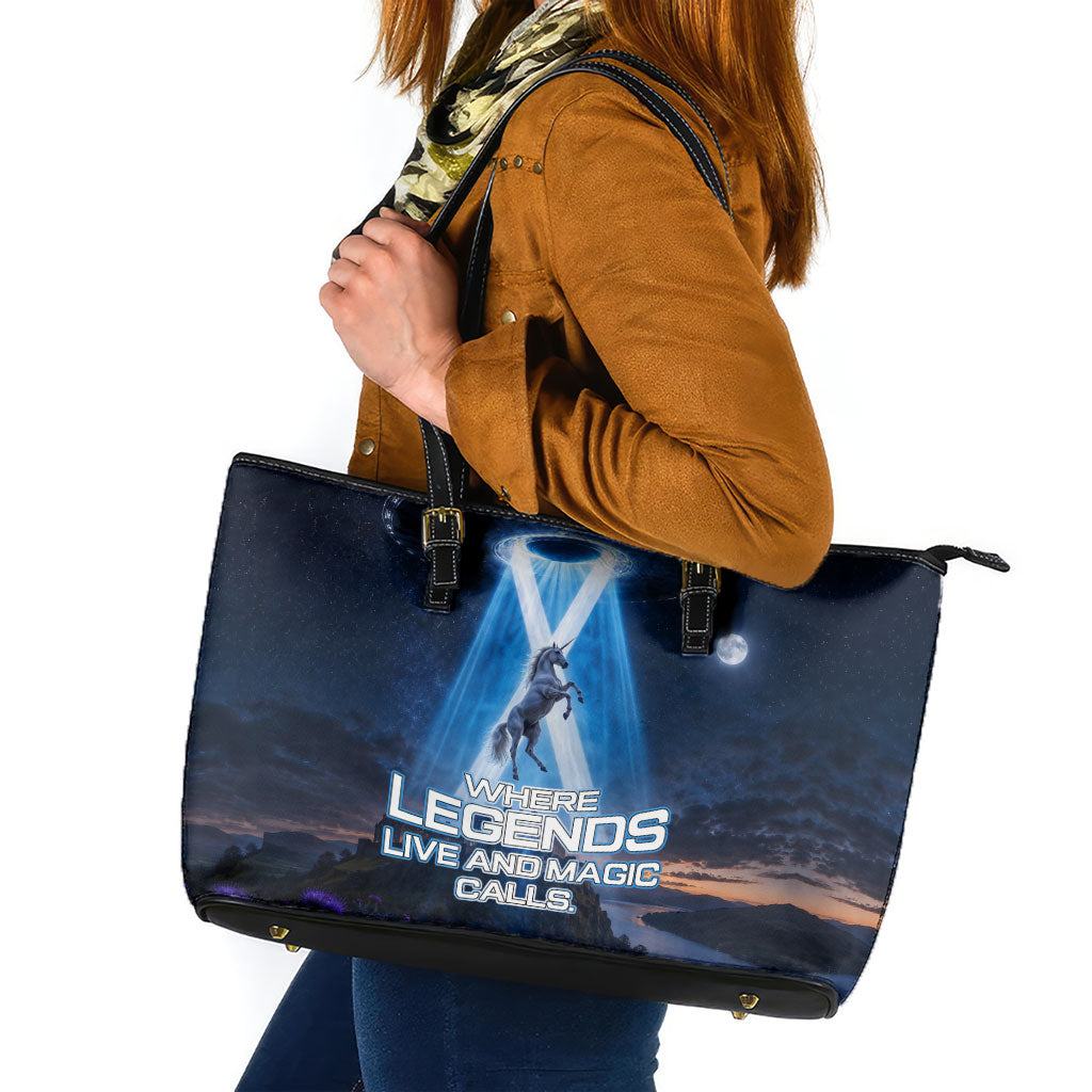 Scotland Kelpies And Unicorn UFO Leather Tote Bag Sci-Fi Alien Abduction And Magic Legends
