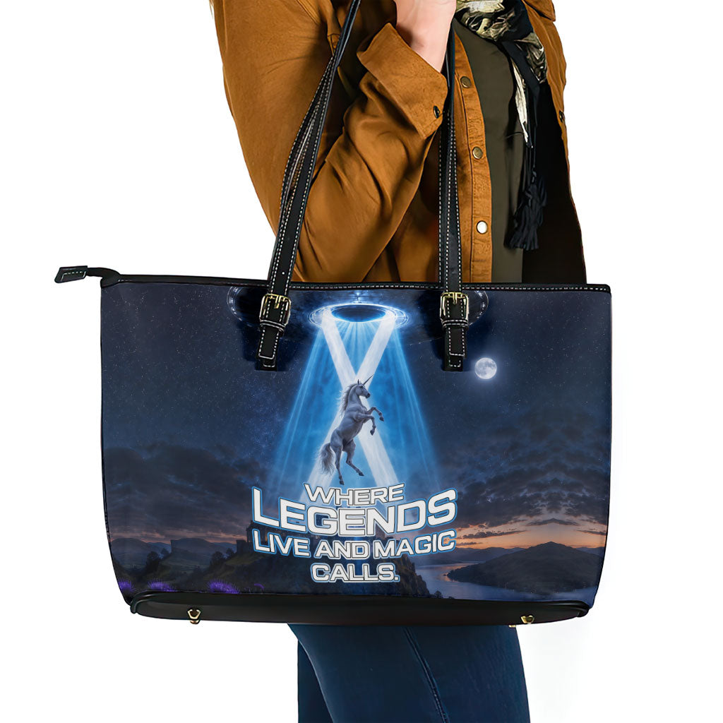 Scotland Kelpies And Unicorn UFO Leather Tote Bag Sci-Fi Alien Abduction And Magic Legends