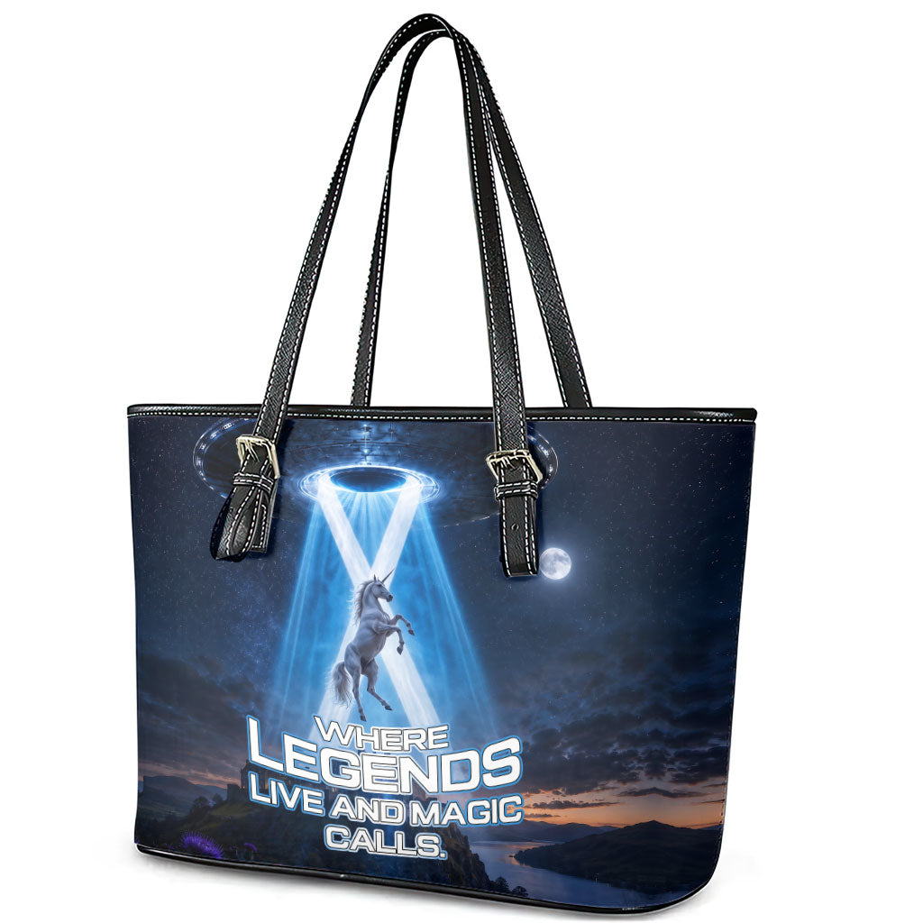 Scotland Kelpies And Unicorn UFO Leather Tote Bag Sci-Fi Alien Abduction And Magic Legends