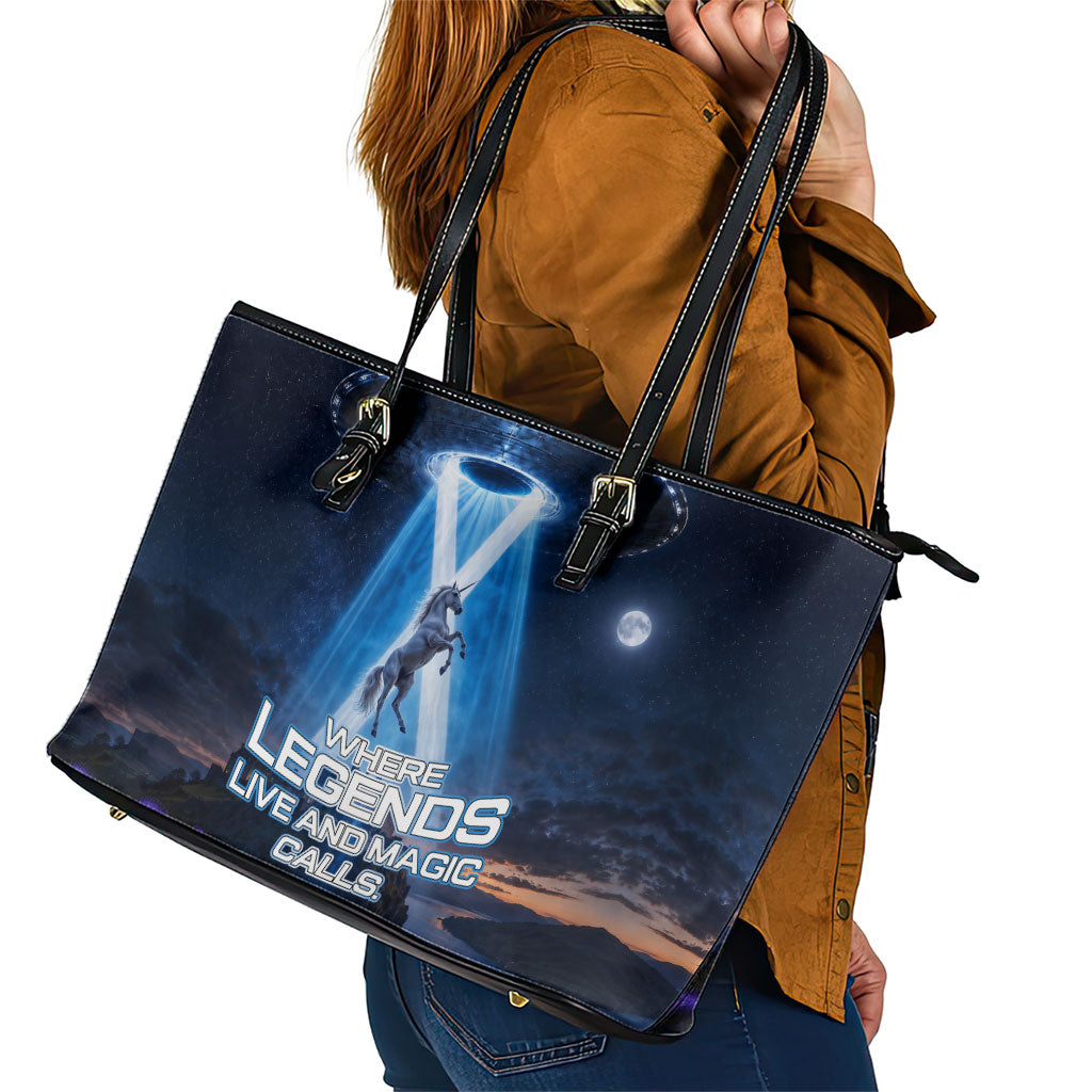 Scotland Kelpies And Unicorn UFO Leather Tote Bag Sci-Fi Alien Abduction And Magic Legends