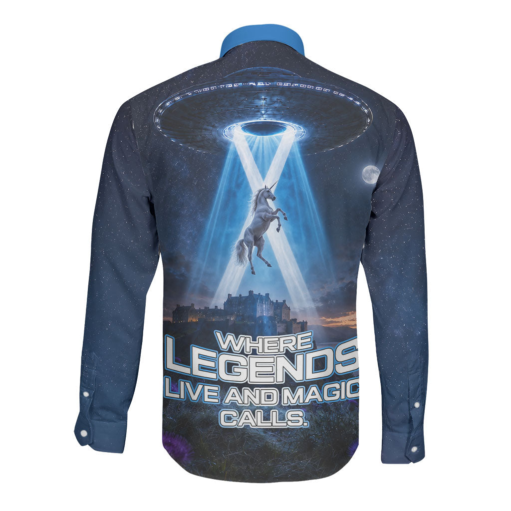 Scotland Kelpies And Unicorn UFO Long Sleeve Button Shirt Sci-Fi Alien Abduction And Magic Legends