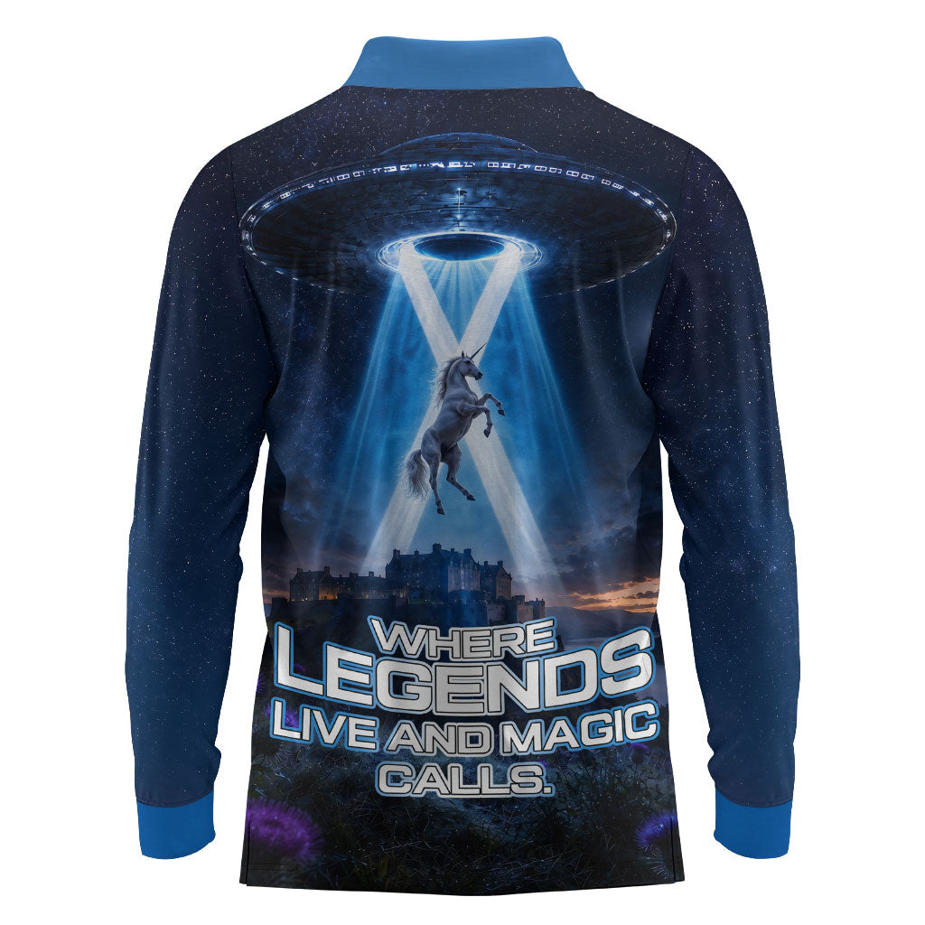 Scotland Kelpies And Unicorn UFO Long Sleeve Polo Shirt Sci-Fi Alien Abduction And Magic Legends