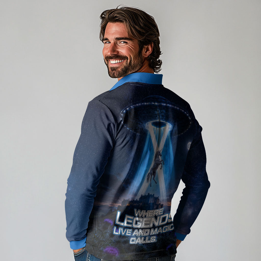 Scotland Kelpies And Unicorn UFO Long Sleeve Polo Shirt Sci-Fi Alien Abduction And Magic Legends