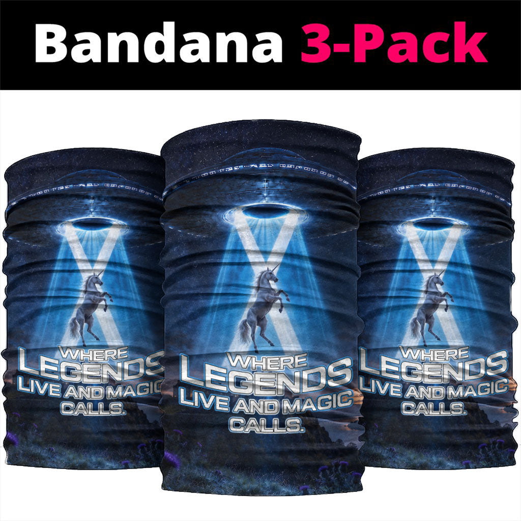 Scotland Kelpies And Unicorn UFO Neck Gaiter Sci-Fi Alien Abduction And Magic Legends