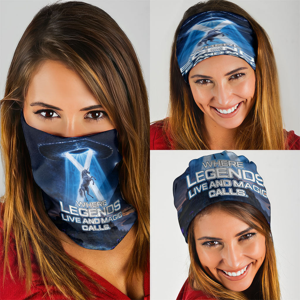 Scotland Kelpies And Unicorn UFO Neck Gaiter Sci-Fi Alien Abduction And Magic Legends