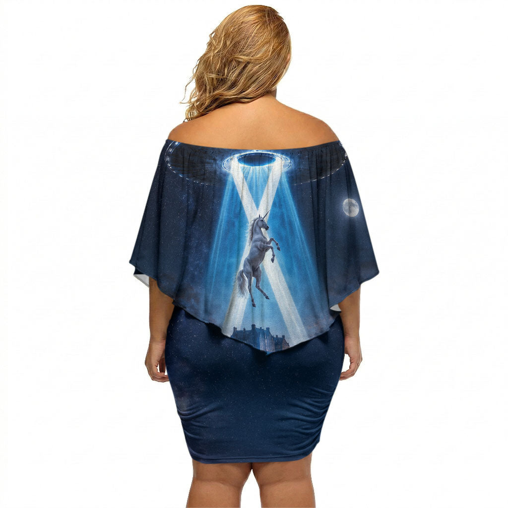 Scotland Kelpies And Unicorn UFO Off Shoulder Short Dress Sci-Fi Alien Abduction And Magic Legends