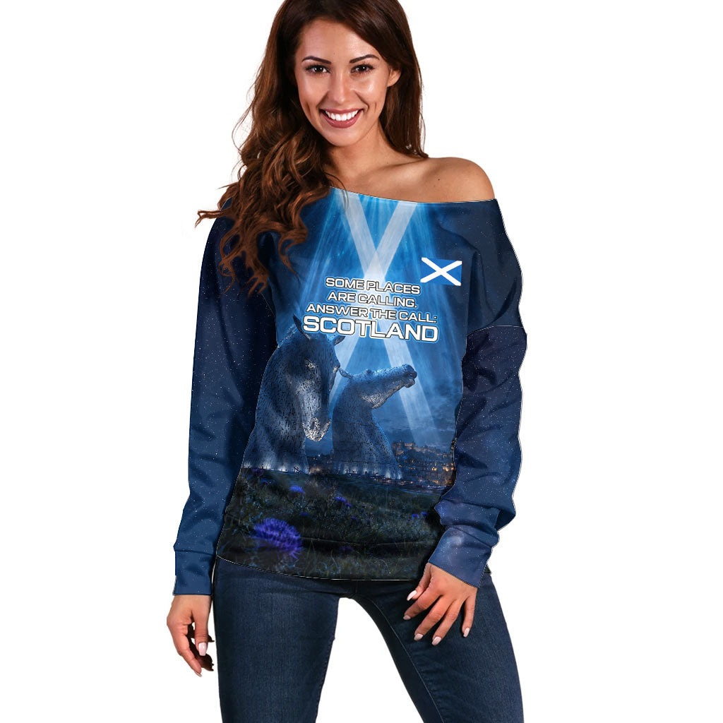 Scotland Kelpies And Unicorn UFO Off Shoulder Sweater Sci-Fi Alien Abduction And Magic Legends