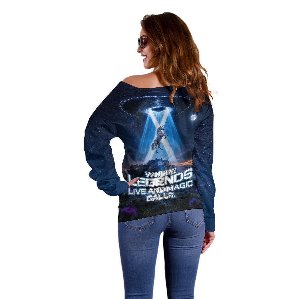 Scotland Kelpies And Unicorn UFO Off Shoulder Sweater Sci-Fi Alien Abduction And Magic Legends