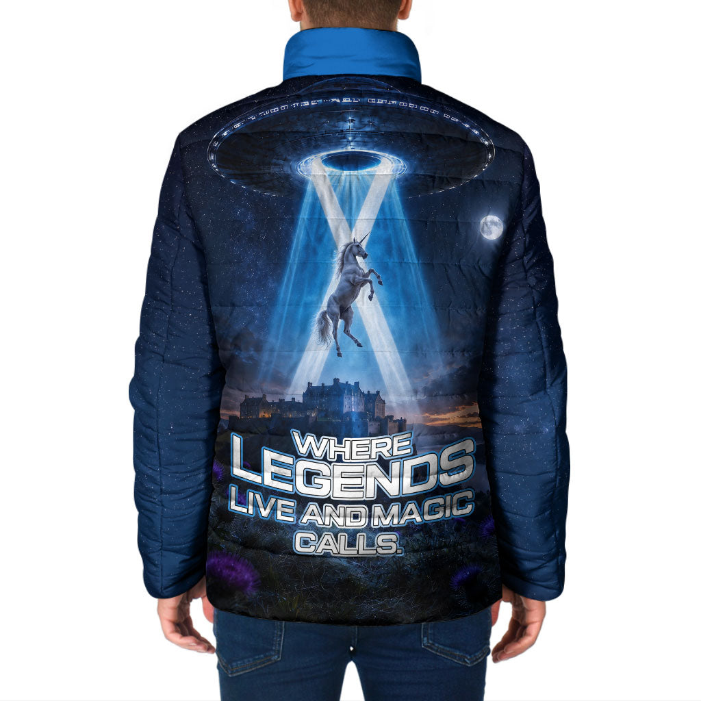 Scotland Kelpies And Unicorn UFO Padded Jacket Sci-Fi Alien Abduction And Magic Legends