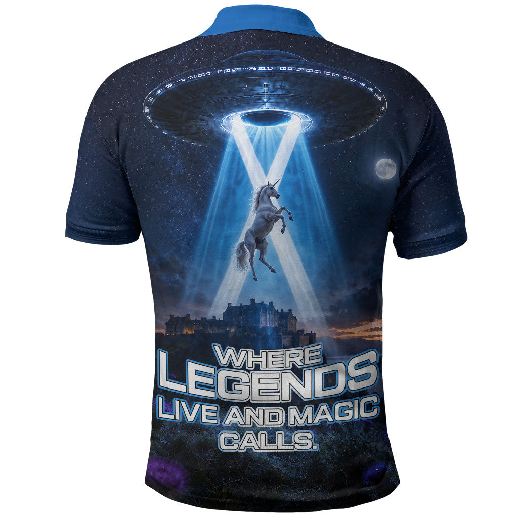 Scotland Kelpies And Unicorn UFO Polo Shirt Sci-Fi Alien Abduction And Magic Legends