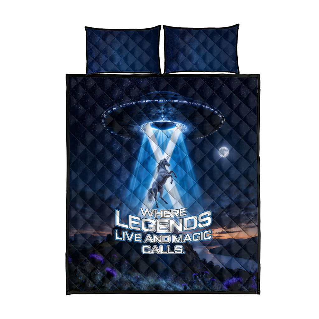 Scotland Kelpies And Unicorn UFO Quilt Bed Set Sci-Fi Alien Abduction And Magic Legends