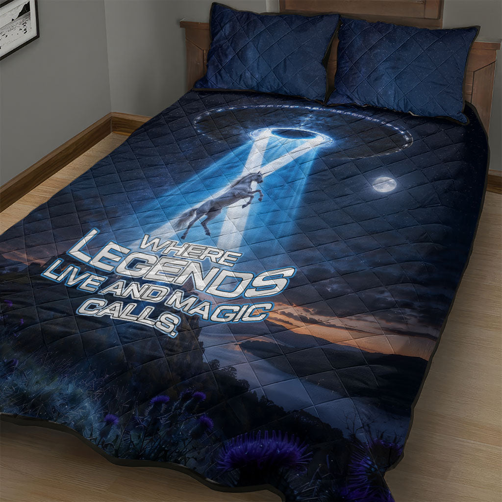 Scotland Kelpies And Unicorn UFO Quilt Bed Set Sci-Fi Alien Abduction And Magic Legends