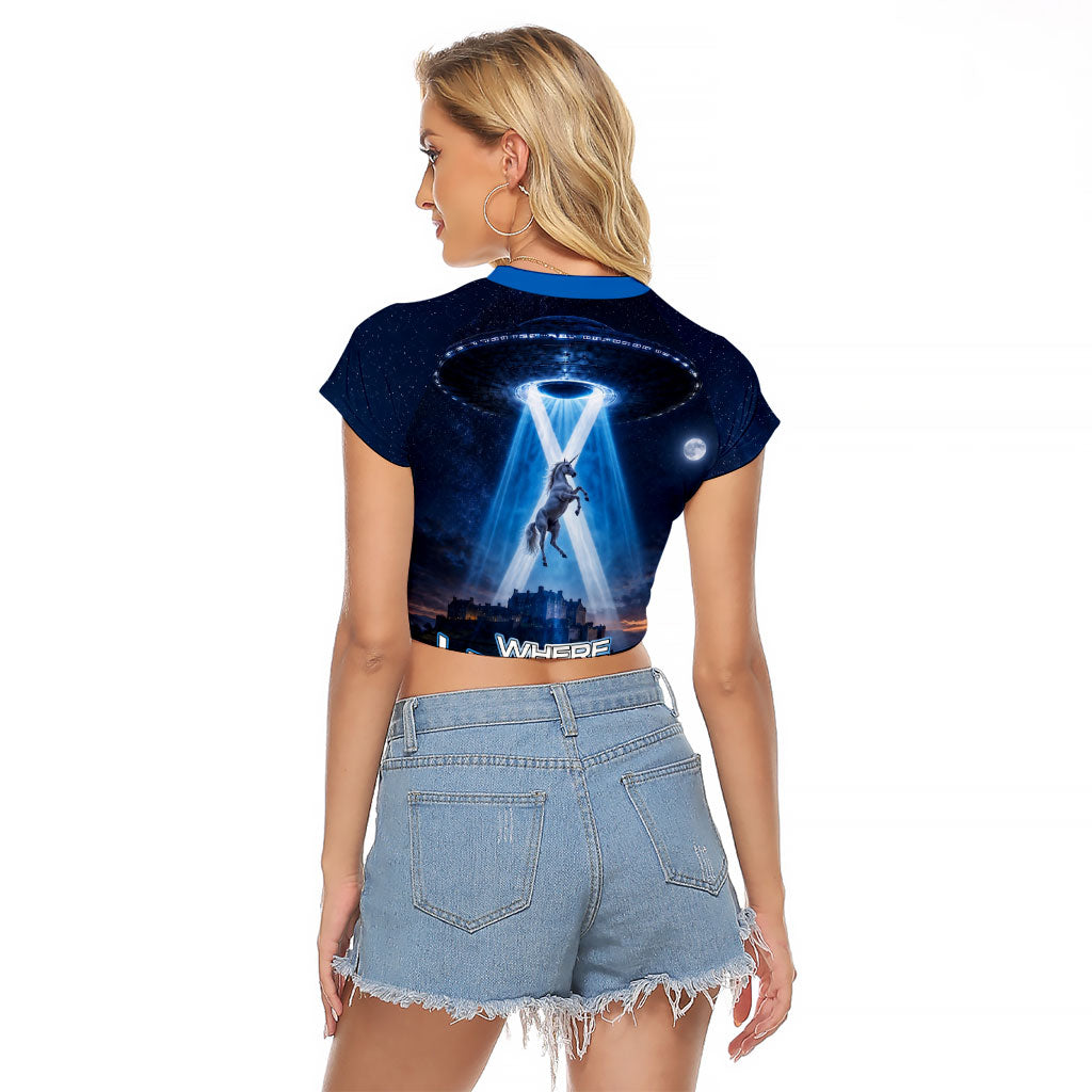Scotland Kelpies And Unicorn UFO Raglan Cropped T Shirt Sci-Fi Alien Abduction And Magic Legends