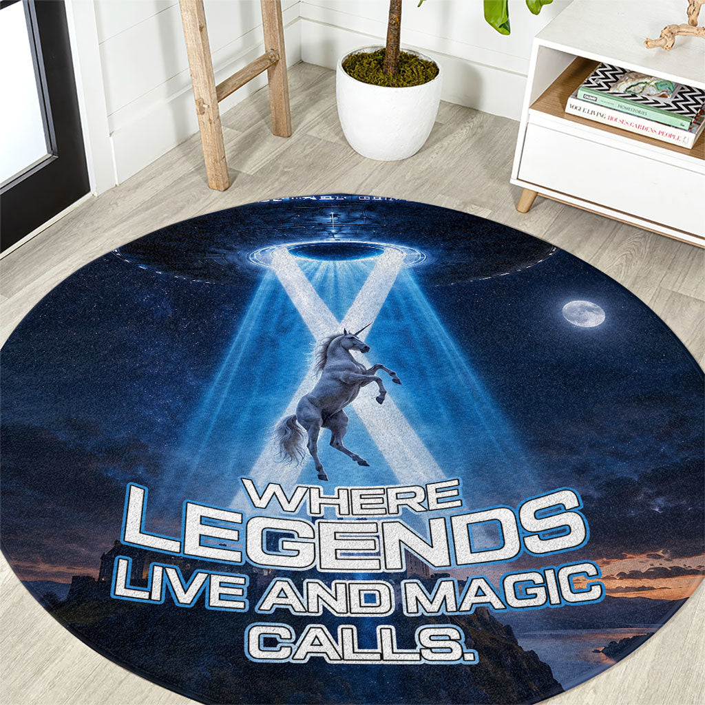 Scotland Kelpies And Unicorn UFO Round Carpet Sci-Fi Alien Abduction And Magic Legends