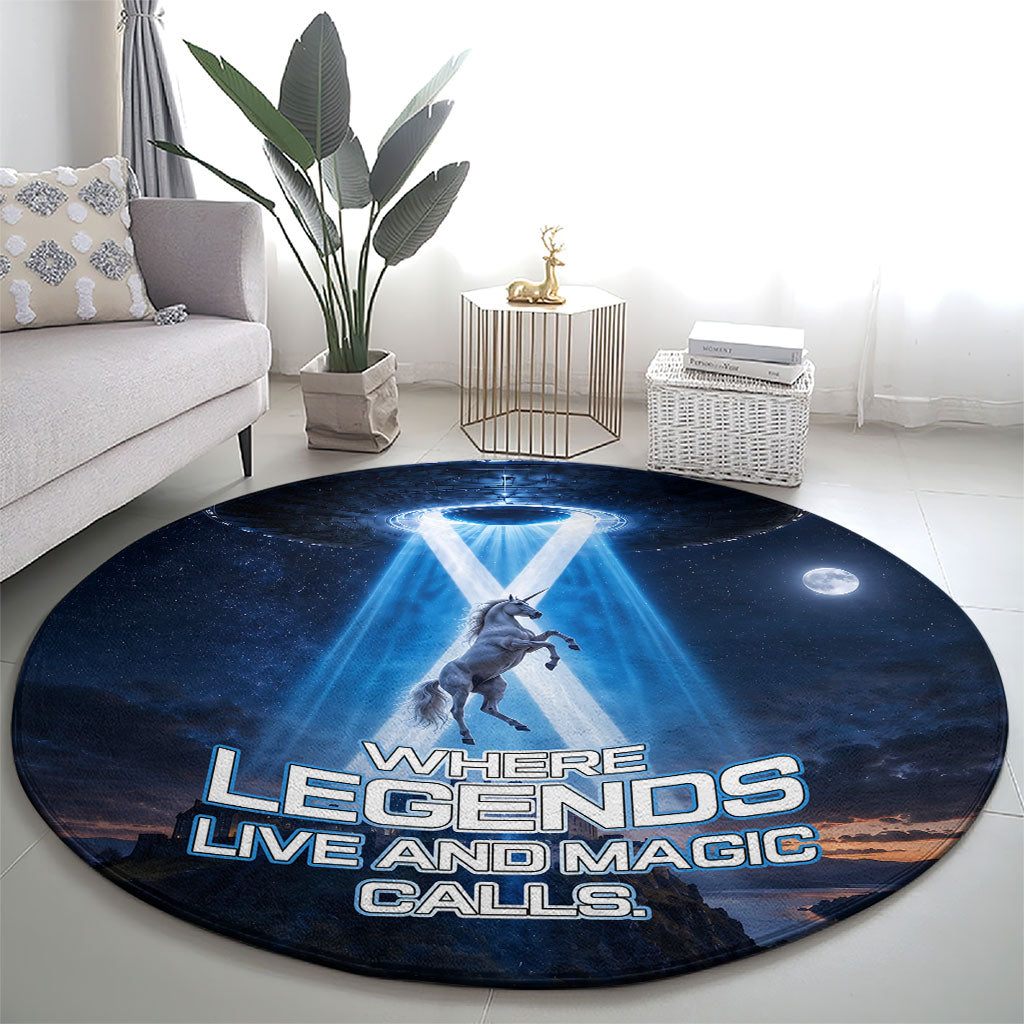 Scotland Kelpies And Unicorn UFO Round Carpet Sci-Fi Alien Abduction And Magic Legends