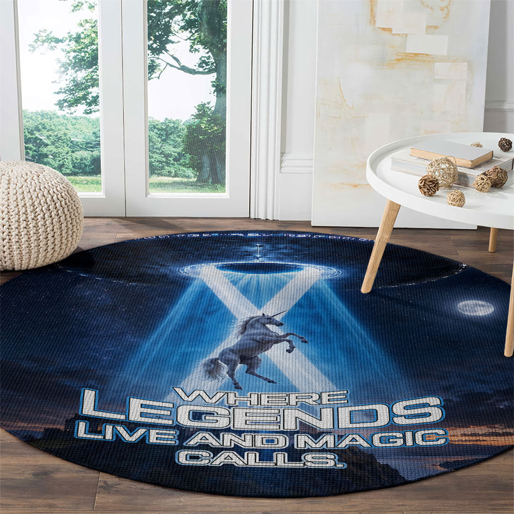 Scotland Kelpies And Unicorn UFO Round Carpet Sci-Fi Alien Abduction And Magic Legends