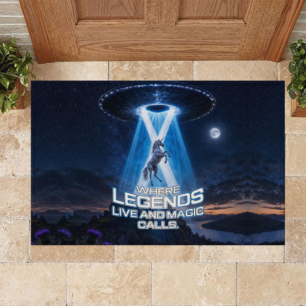 Scotland Kelpies And Unicorn UFO Rubber Doormat Sci-Fi Alien Abduction And Magic Legends