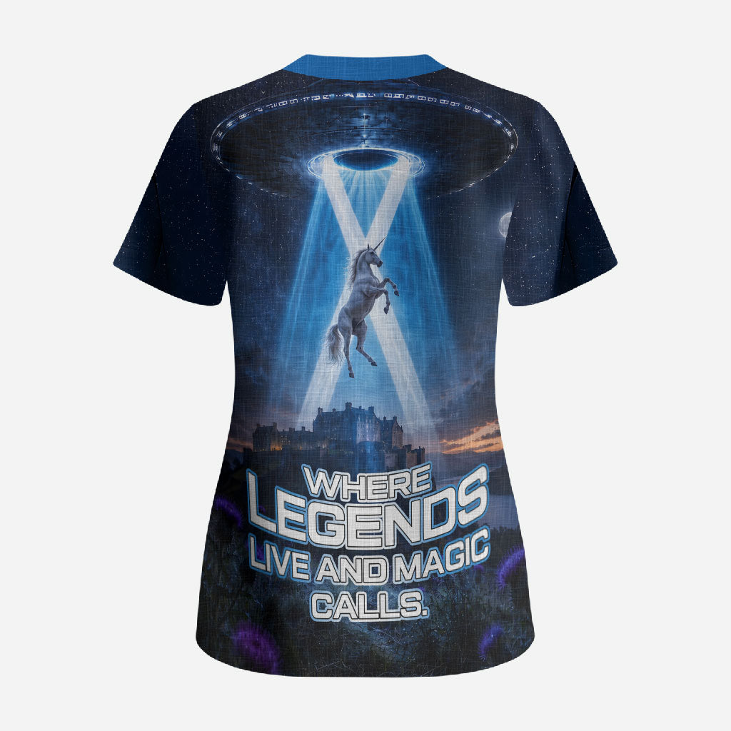 Scotland Kelpies And Unicorn UFO Scrub Top Sci-Fi Alien Abduction And Magic Legends
