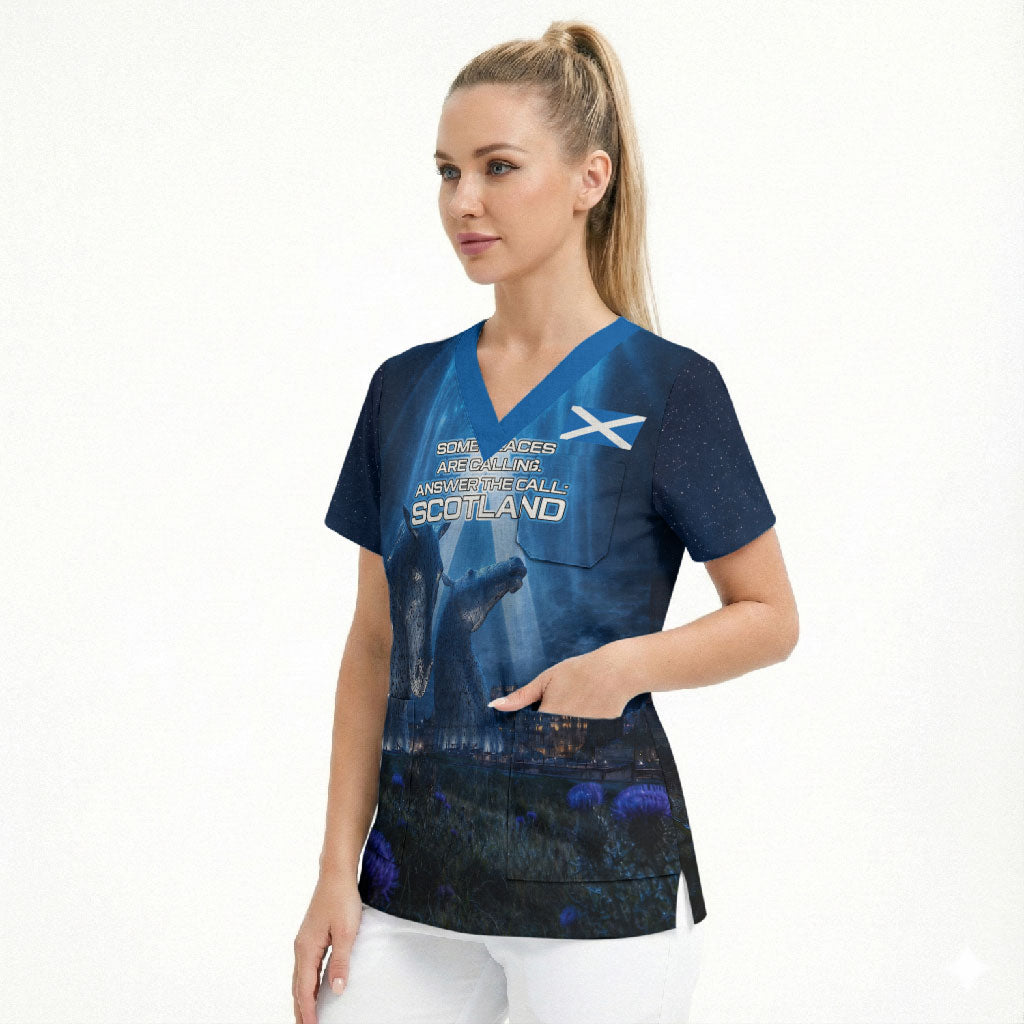 Scotland Kelpies And Unicorn UFO Scrub Top Sci-Fi Alien Abduction And Magic Legends