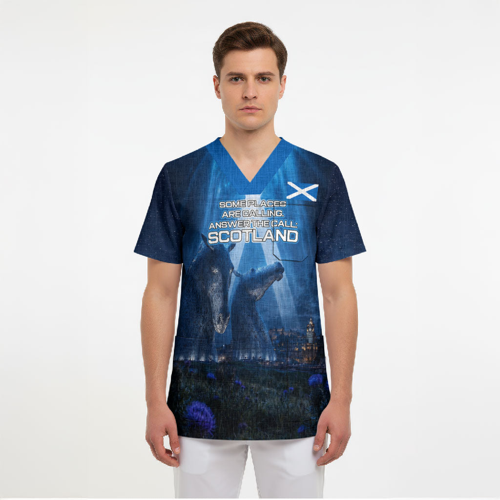 Scotland Kelpies And Unicorn UFO Scrub Top Sci-Fi Alien Abduction And Magic Legends