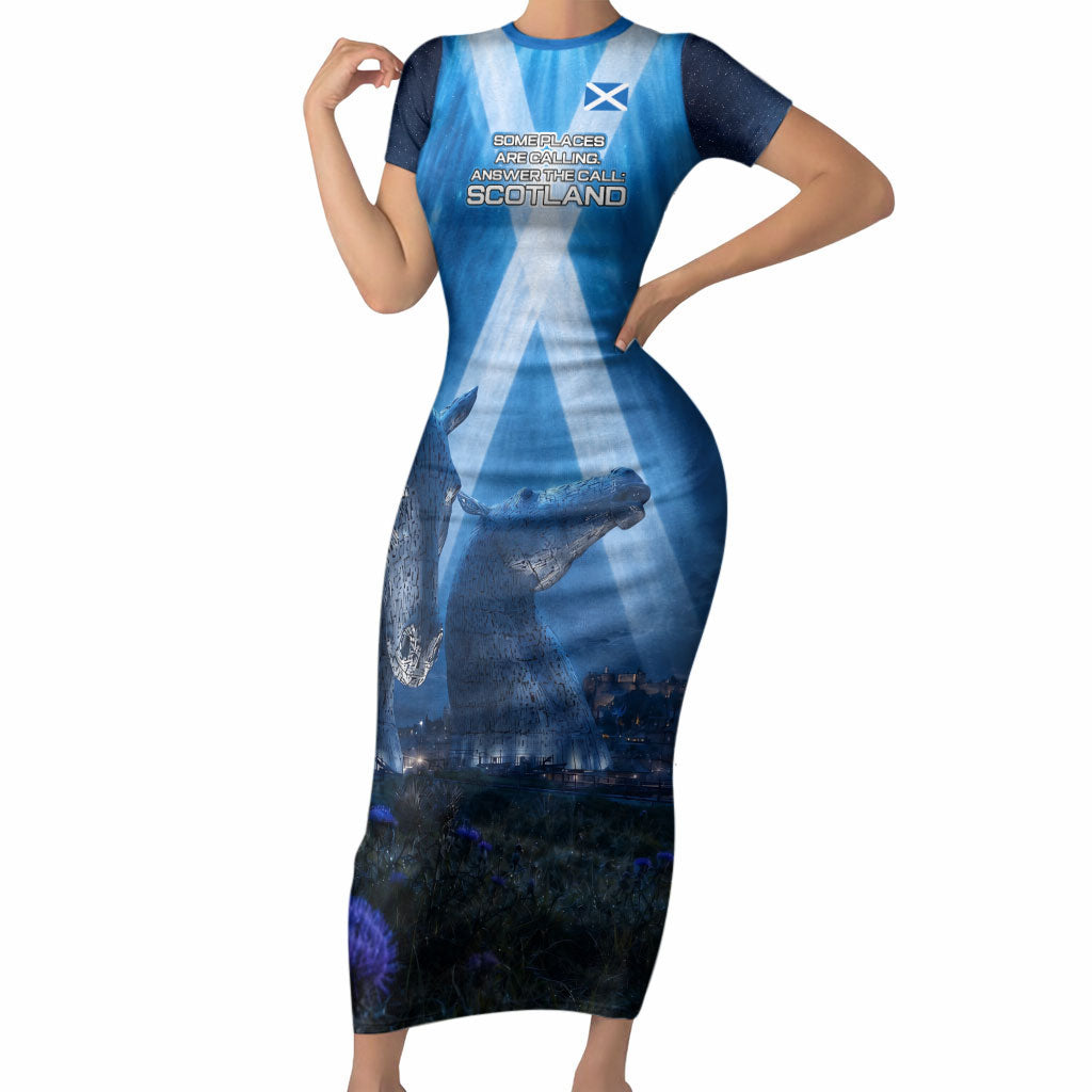 Scotland Kelpies And Unicorn UFO Short Sleeve Bodycon Dress Sci-Fi Alien Abduction And Magic Legends