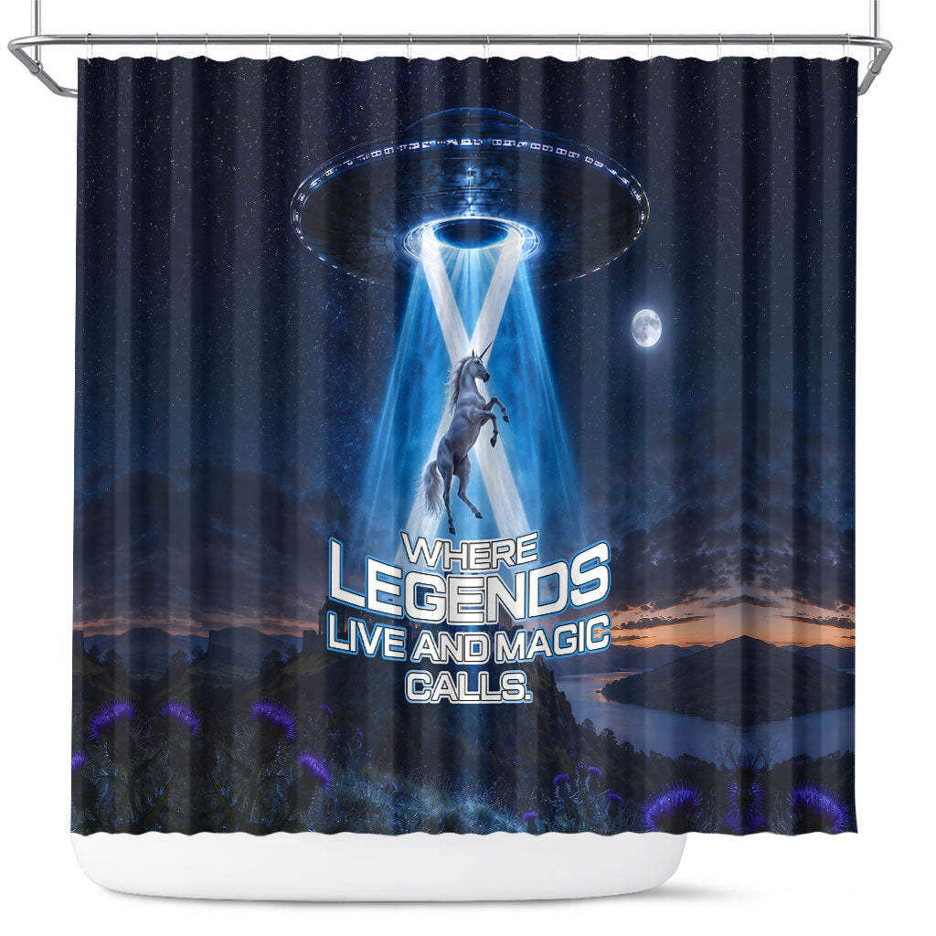 Scotland Kelpies And Unicorn UFO Shower Curtain Sci-Fi Alien Abduction And Magic Legends