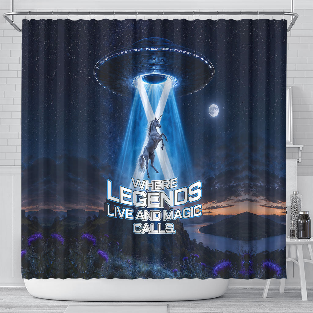 Scotland Kelpies And Unicorn UFO Shower Curtain Sci-Fi Alien Abduction And Magic Legends