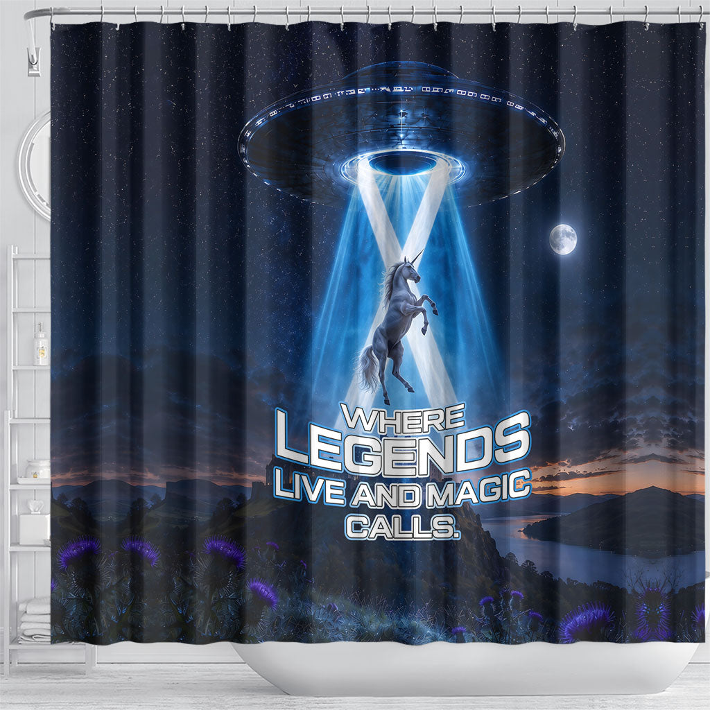 Scotland Kelpies And Unicorn UFO Shower Curtain Sci-Fi Alien Abduction And Magic Legends