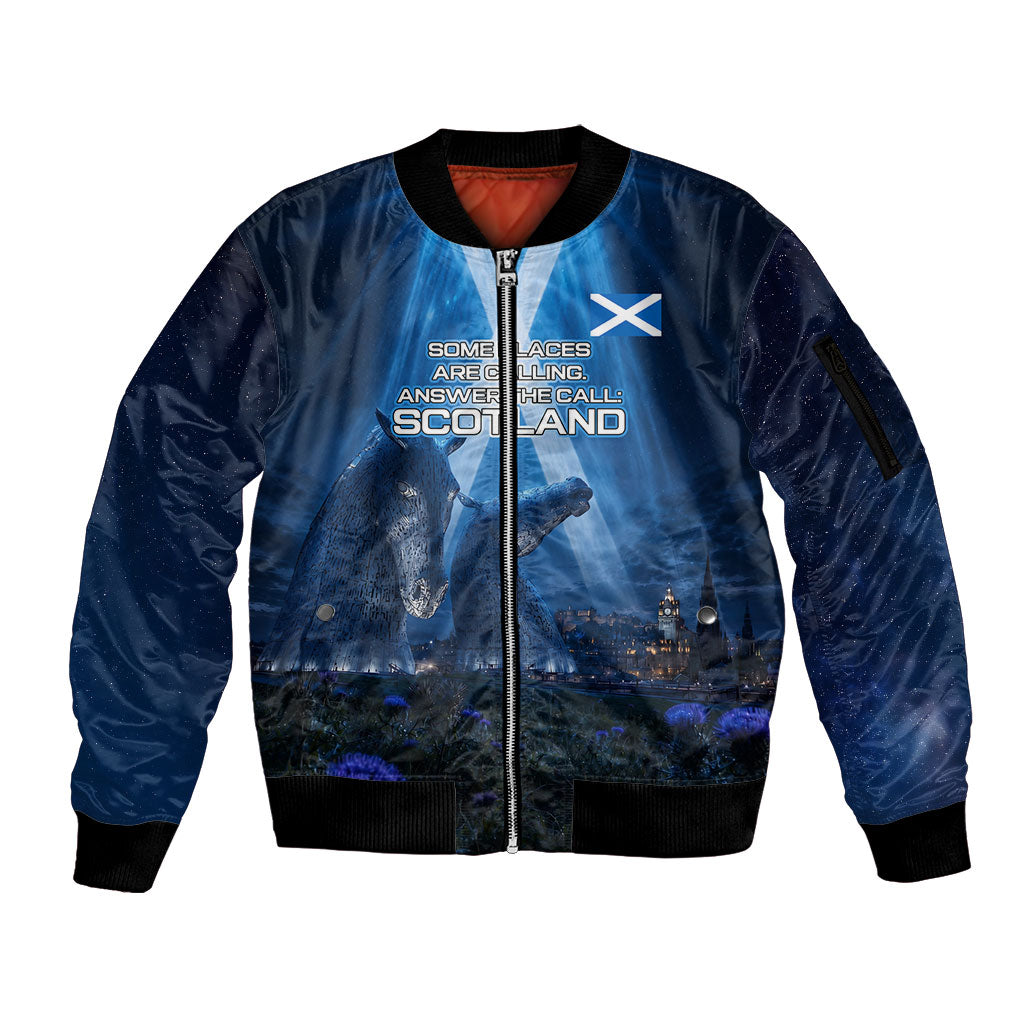 Scotland Kelpies And Unicorn UFO Sleeve Zip Bomber Jacket Sci-Fi Alien Abduction And Magic Legends