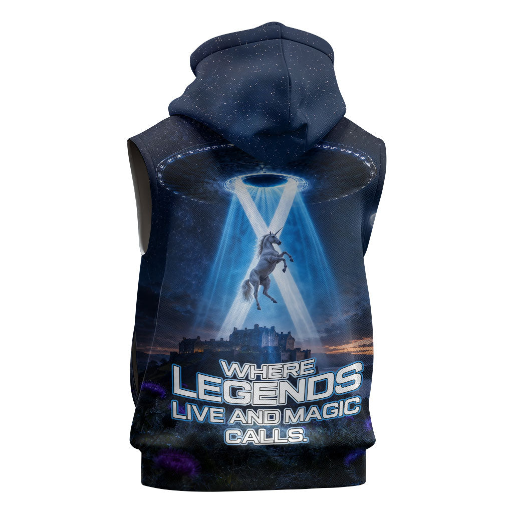 Scotland Kelpies And Unicorn UFO Sleeveless Hoodie Sci-Fi Alien Abduction And Magic Legends