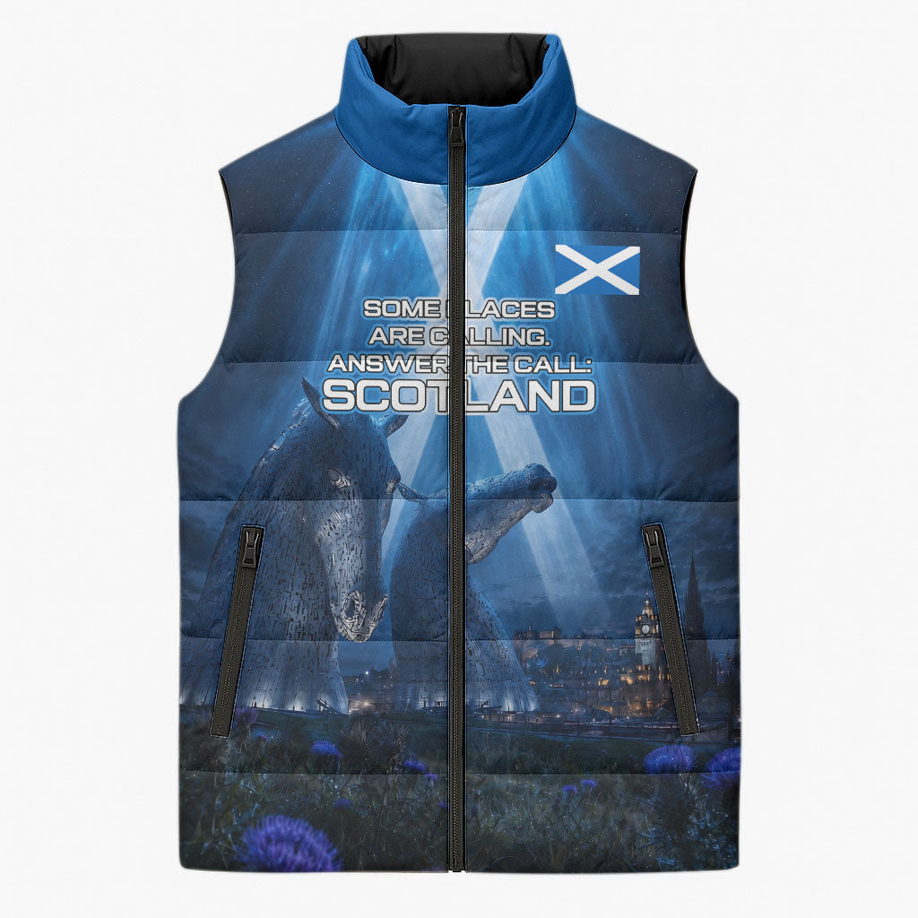 Scotland Kelpies And Unicorn UFO Sleeveless Puffer Jacket Sci-Fi Alien Abduction And Magic Legends