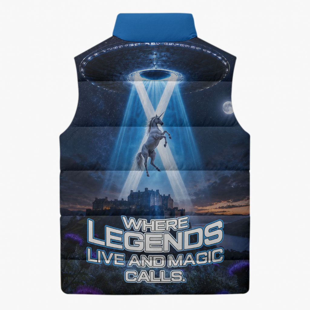 Scotland Kelpies And Unicorn UFO Sleeveless Puffer Jacket Sci-Fi Alien Abduction And Magic Legends