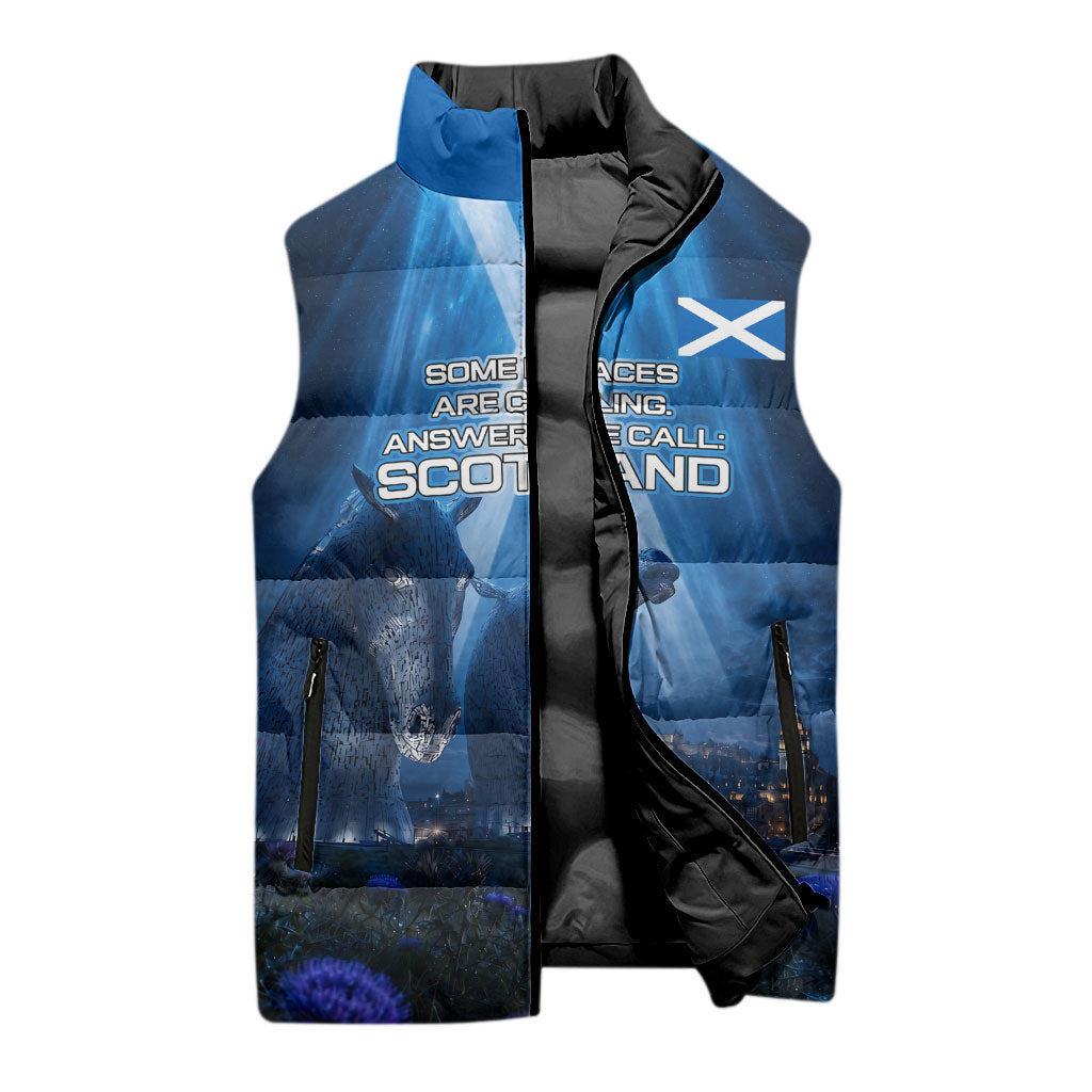 Scotland Kelpies And Unicorn UFO Sleeveless Puffer Jacket Sci-Fi Alien Abduction And Magic Legends