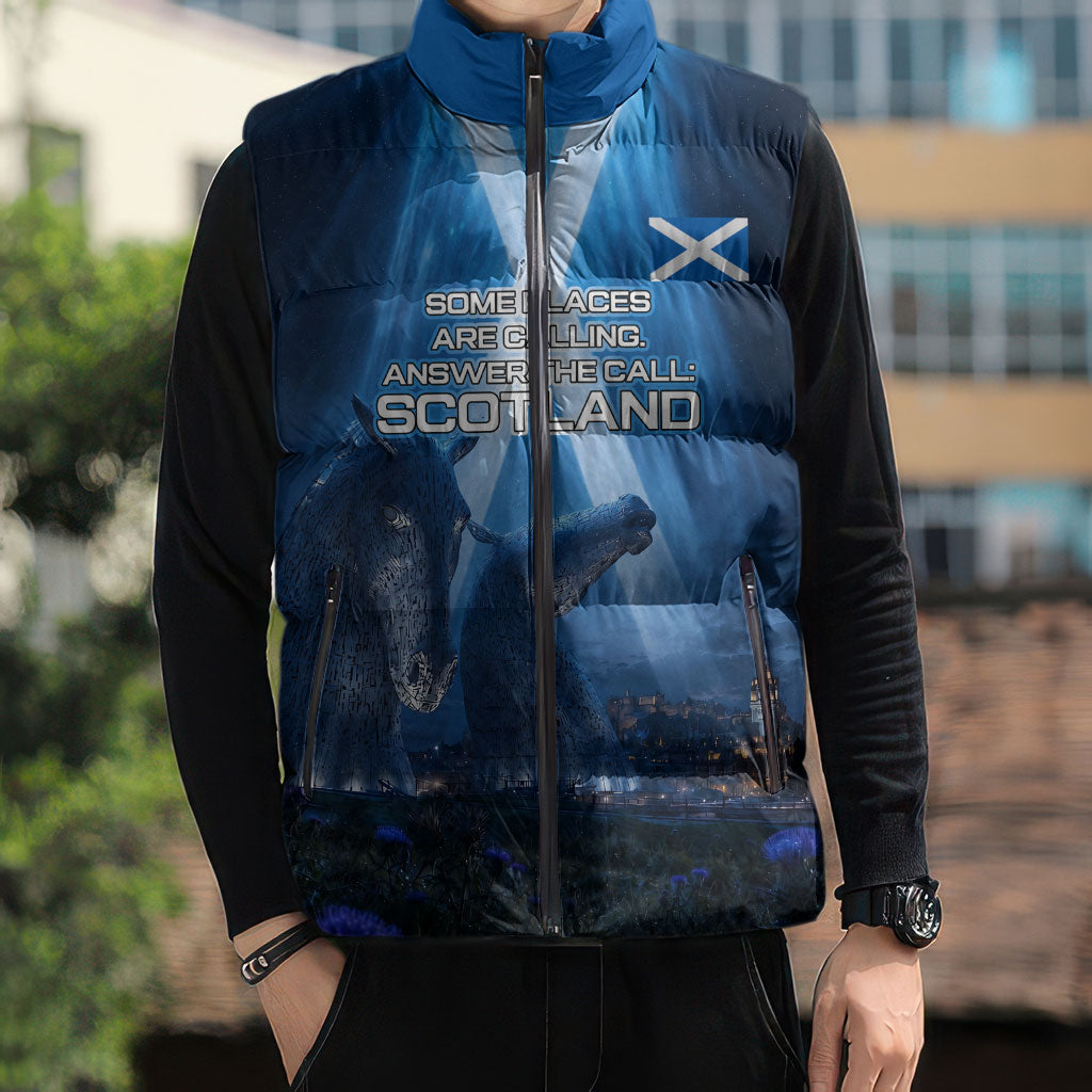 Scotland Kelpies And Unicorn UFO Sleeveless Puffer Jacket Sci-Fi Alien Abduction And Magic Legends